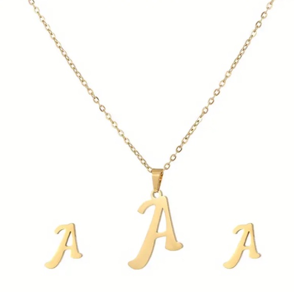 Gold Initial Pendant Necklace & Earrings Set - Picture 3 of 5